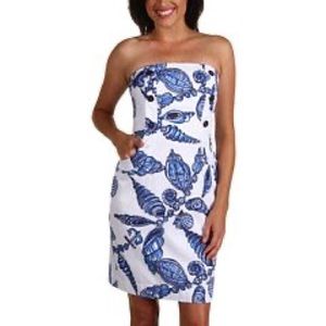Lilly Pulitzer Blue Shell Cotton MIDI Dress White/Navy Size 6